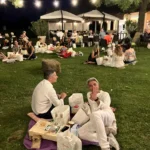 Gruppi di amici seduti sull’erba, circondati da luci decorative, mentre condividono cibo e bevande.